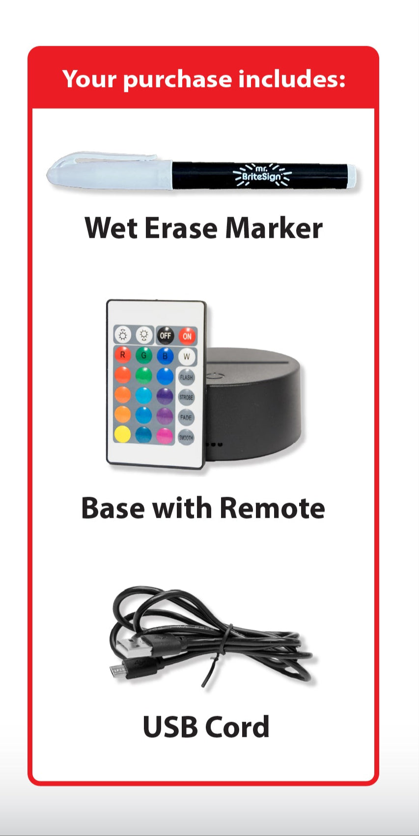 Product packaging for a custom dance design with dimensions, included items, and Mr. BriteSign logo.