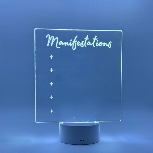 LED sign with 'Manifestations' text on a blue background